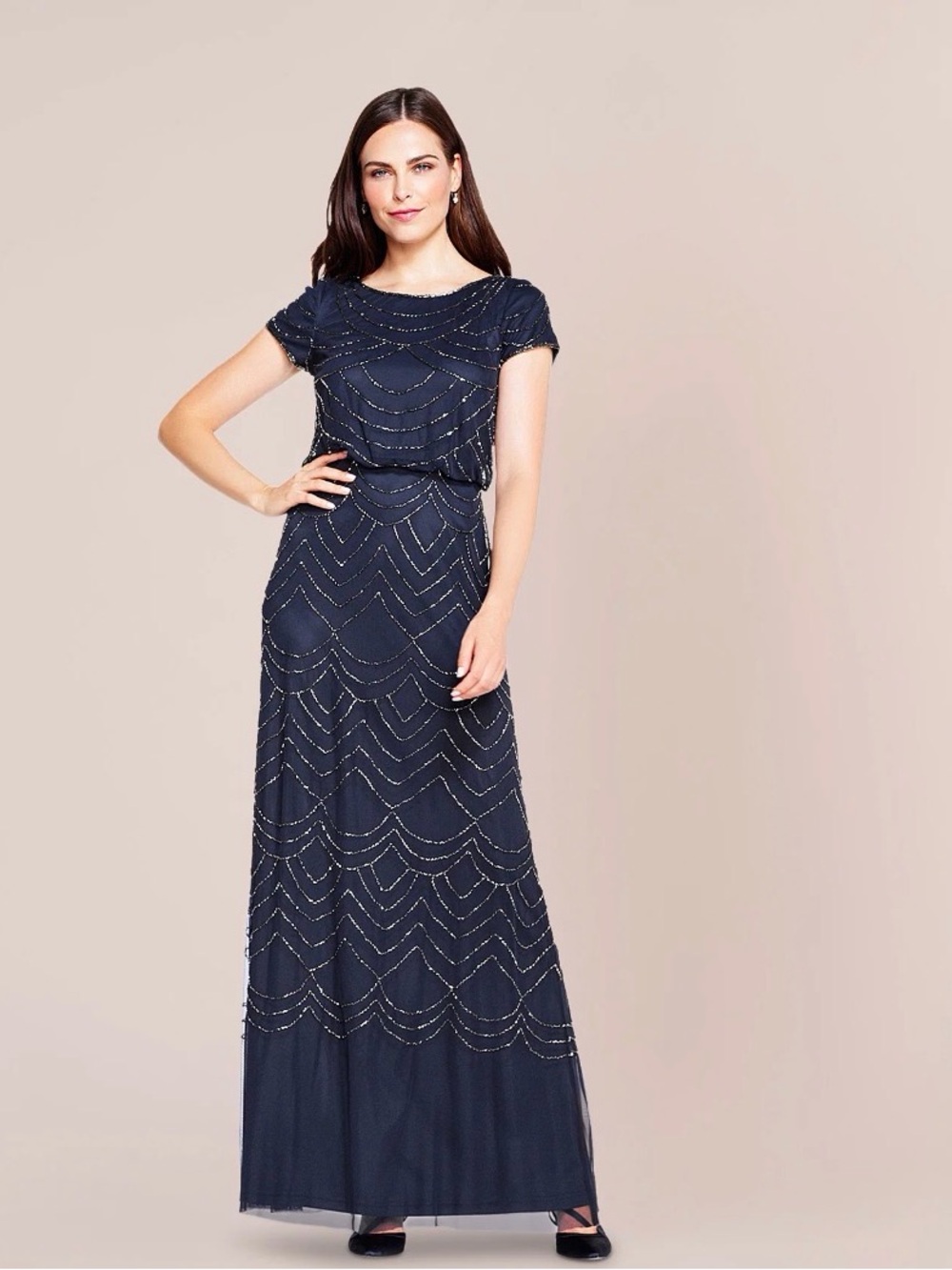 Adrianna Papell Short Sleeve Beaded Blouson Dress NAVY Sz 20